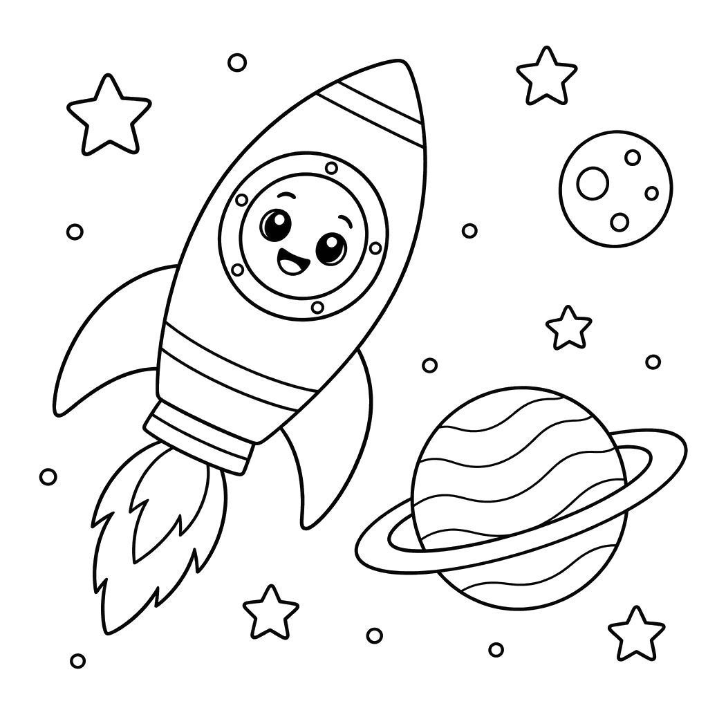 Desenho para colorir de foguete sorridente e planeta com anéis