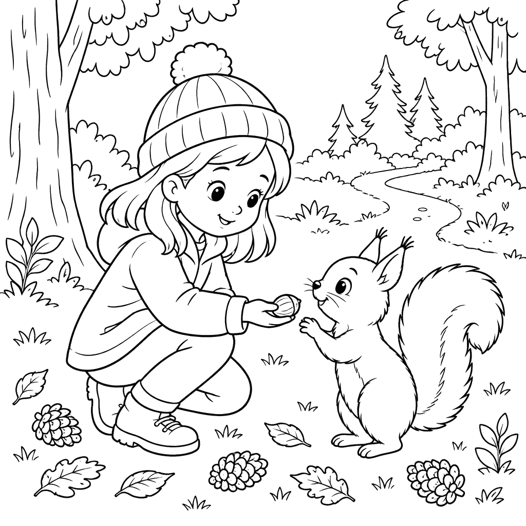 Menina dando uma noz a um esquilo na floresta