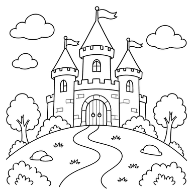 Dibujo para colorear de castillo en una colina