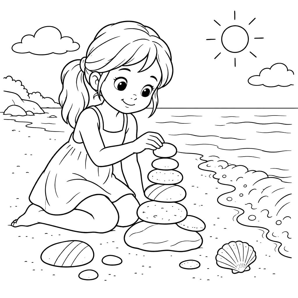 Mädchen stapelt Steine am Strand