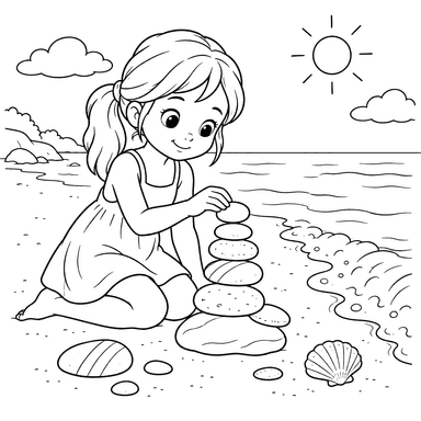 Fille empilant des pierres à la plage