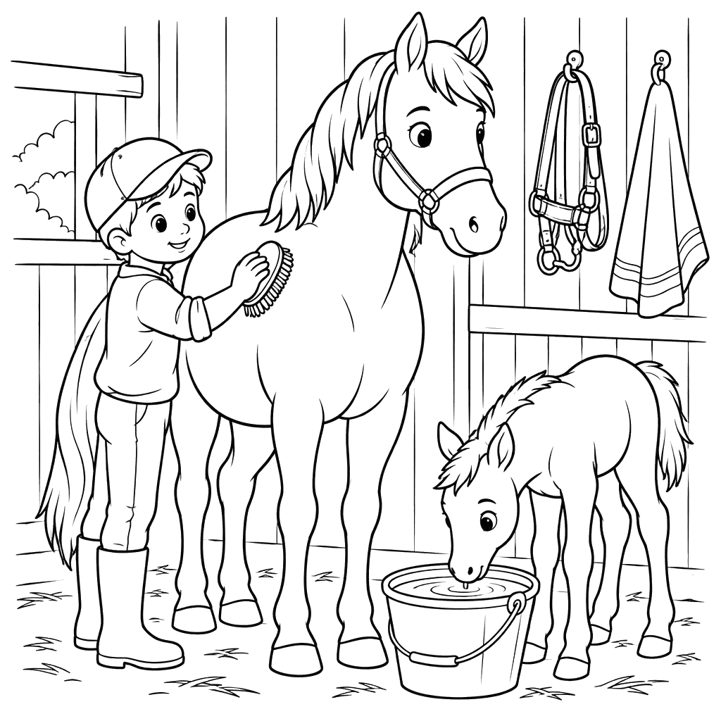 Página para colorir de menino escovando um cavalo