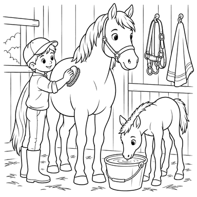 Página para colorir de menino escovando um cavalo