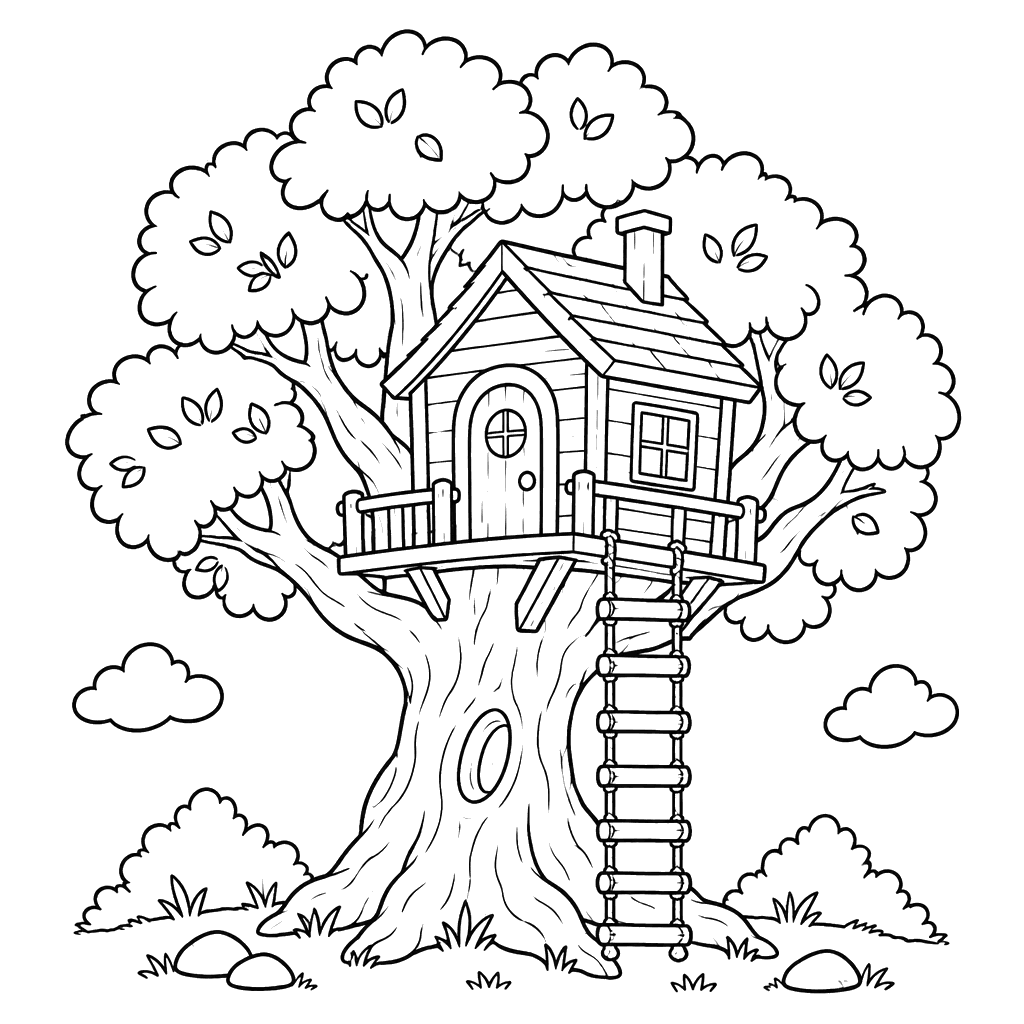 Desenho para colorir de casa numa árvore velha