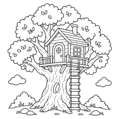 Desenho para colorir de casa numa árvore velha