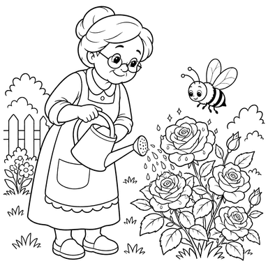 Coloriage grand-mère arrosant des roses