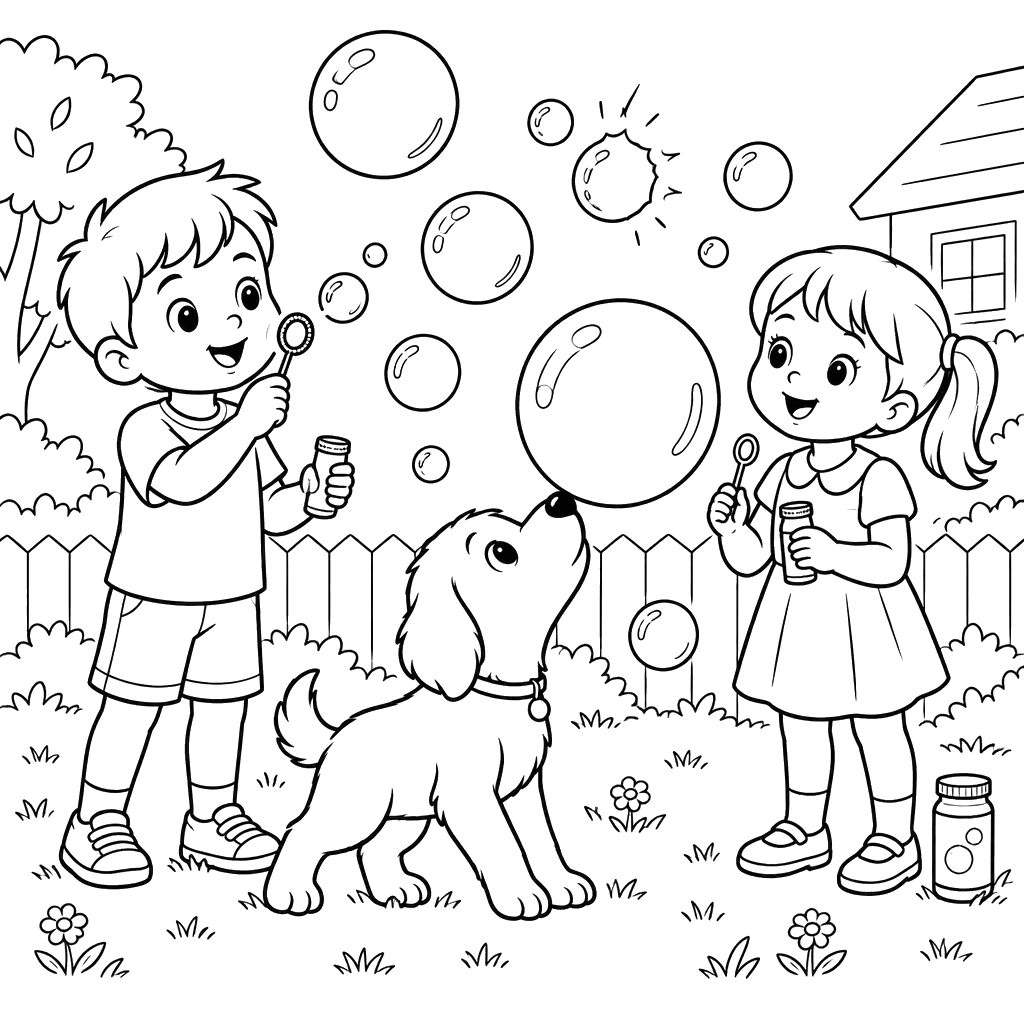 Página para colorir de crianças e cachorro com bolhas