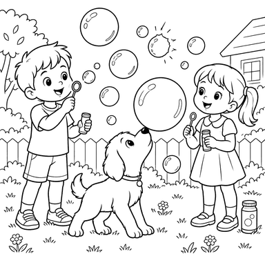 Página para colorir de crianças e cachorro com bolhas
