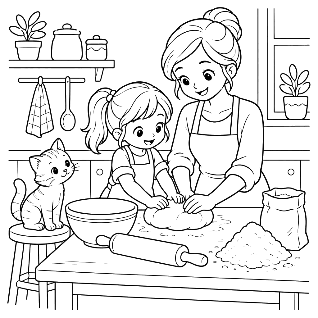 Mãe e filha anime amassando massa