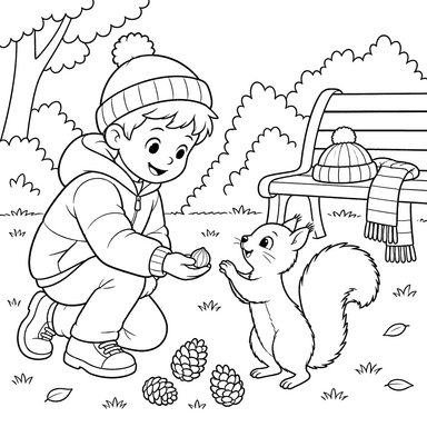 Niño alimentando a una ardilla en el parque