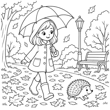 Fille avec parapluie et hérisson au parc d’automne