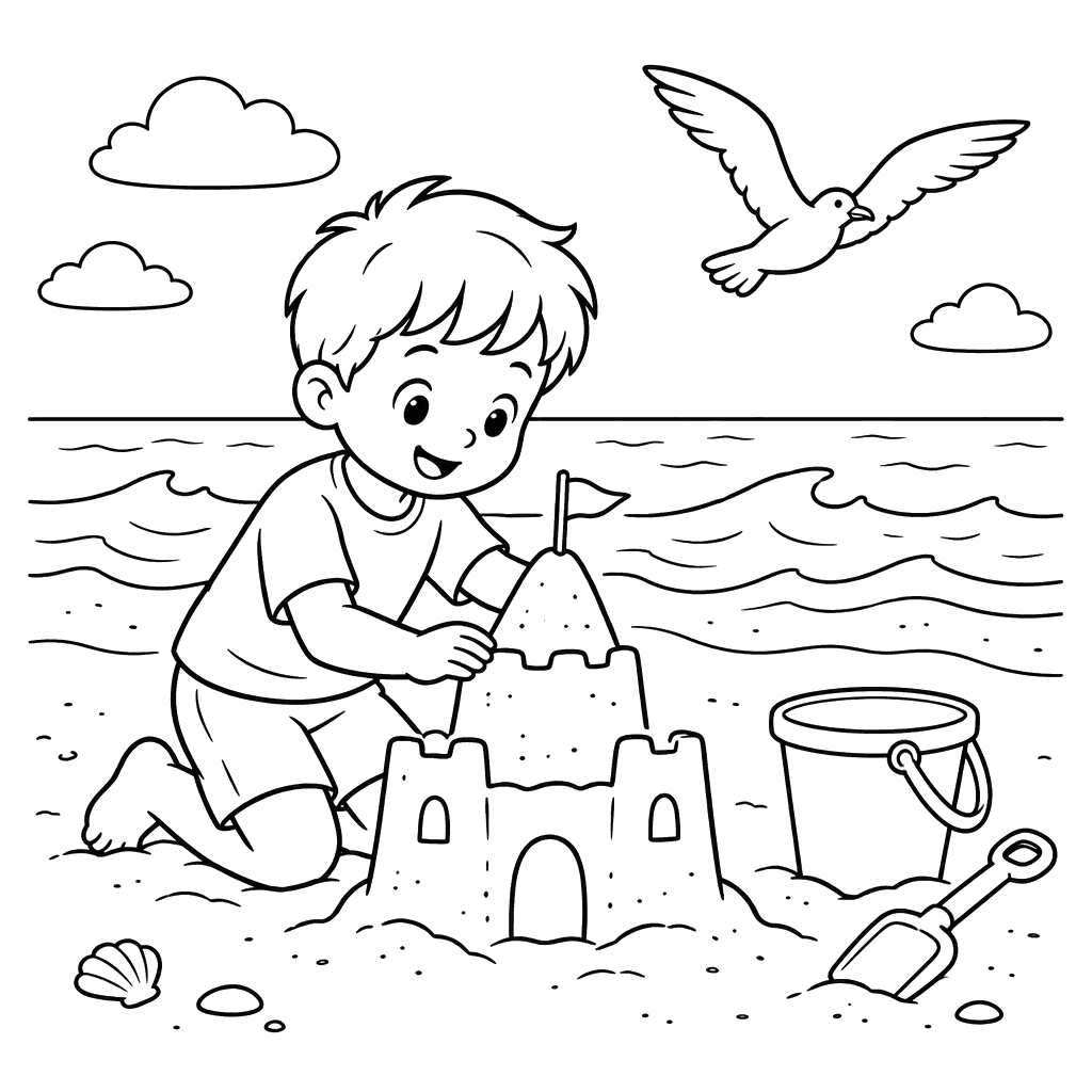 Coloriage garçon construisant un château de sable