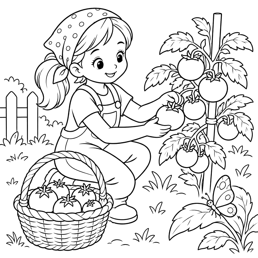 Menina colhendo tomates no jardim
