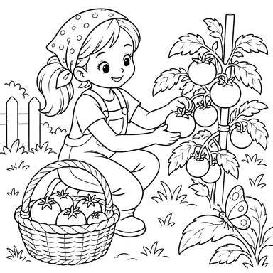 Fille qui cueille des tomates au jardin