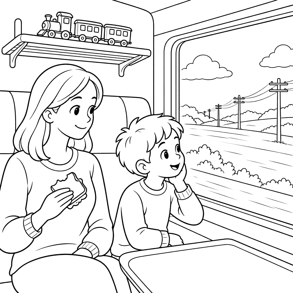 Página para colorir de mãe e menino no trem