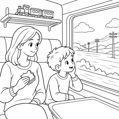 Página para colorir de mãe e menino no trem