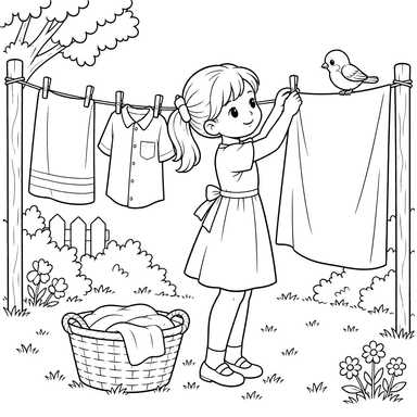 Menina pendurando roupas no jardim