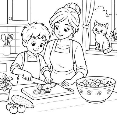 Dibujo para colorear: niño y mamá preparan ensalada