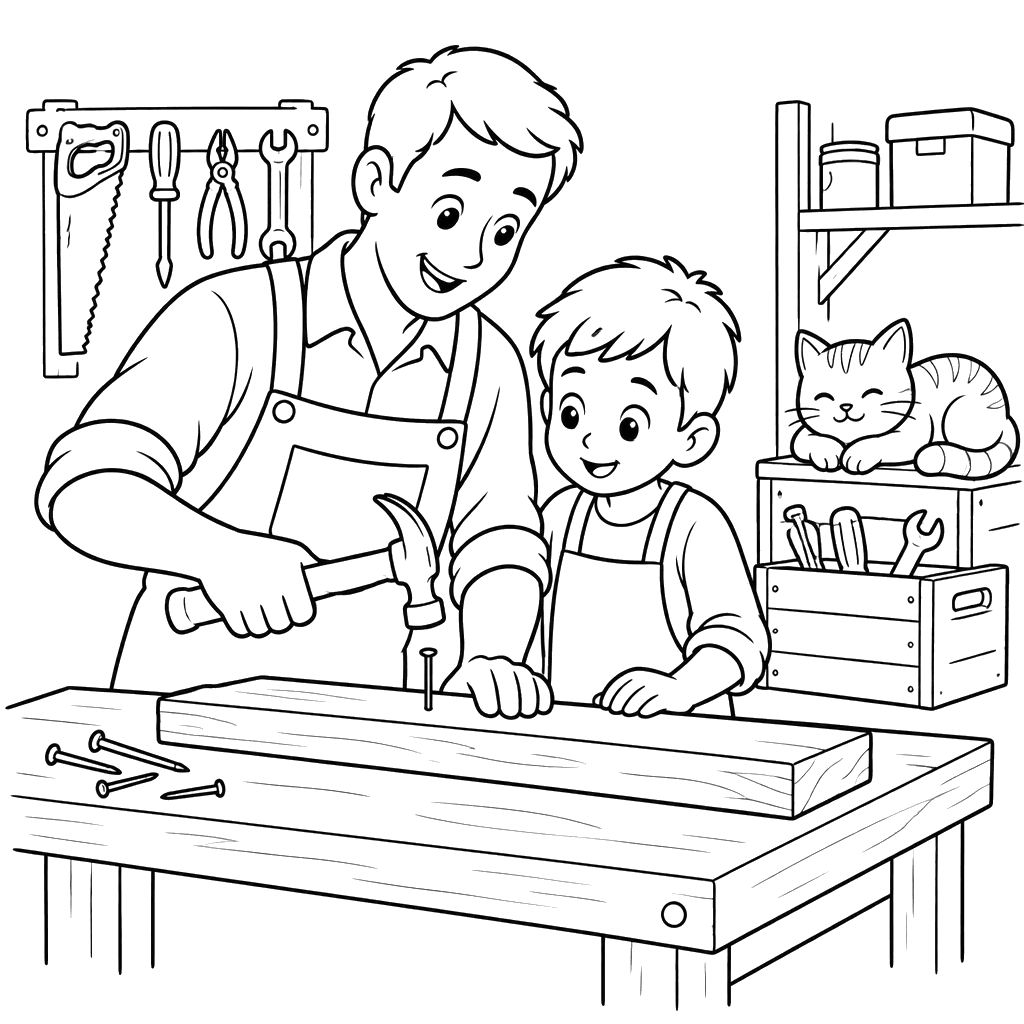 Dibujo para colorear de padre e hijo en el taller