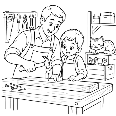 Ausmalbild: Vater und Sohn in der Werkstatt
