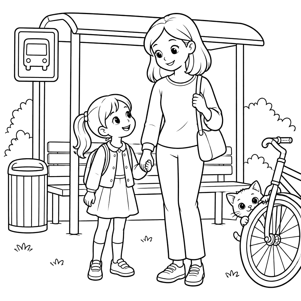 Mãe e filha no ponto de ônibus para colorir
