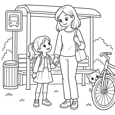 Mãe e filha no ponto de ônibus para colorir