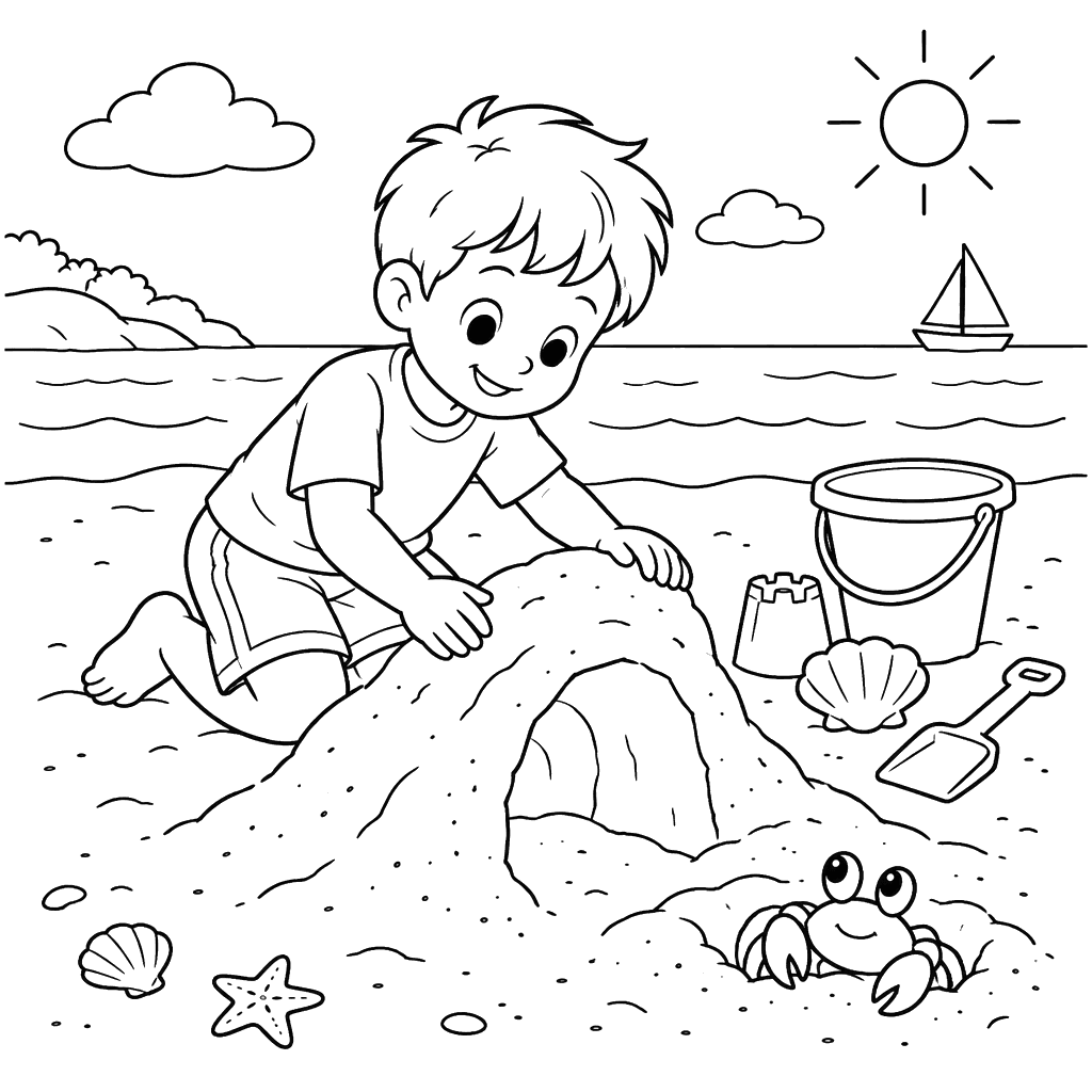 Desenho para colorir de menino fazendo túnel de areia