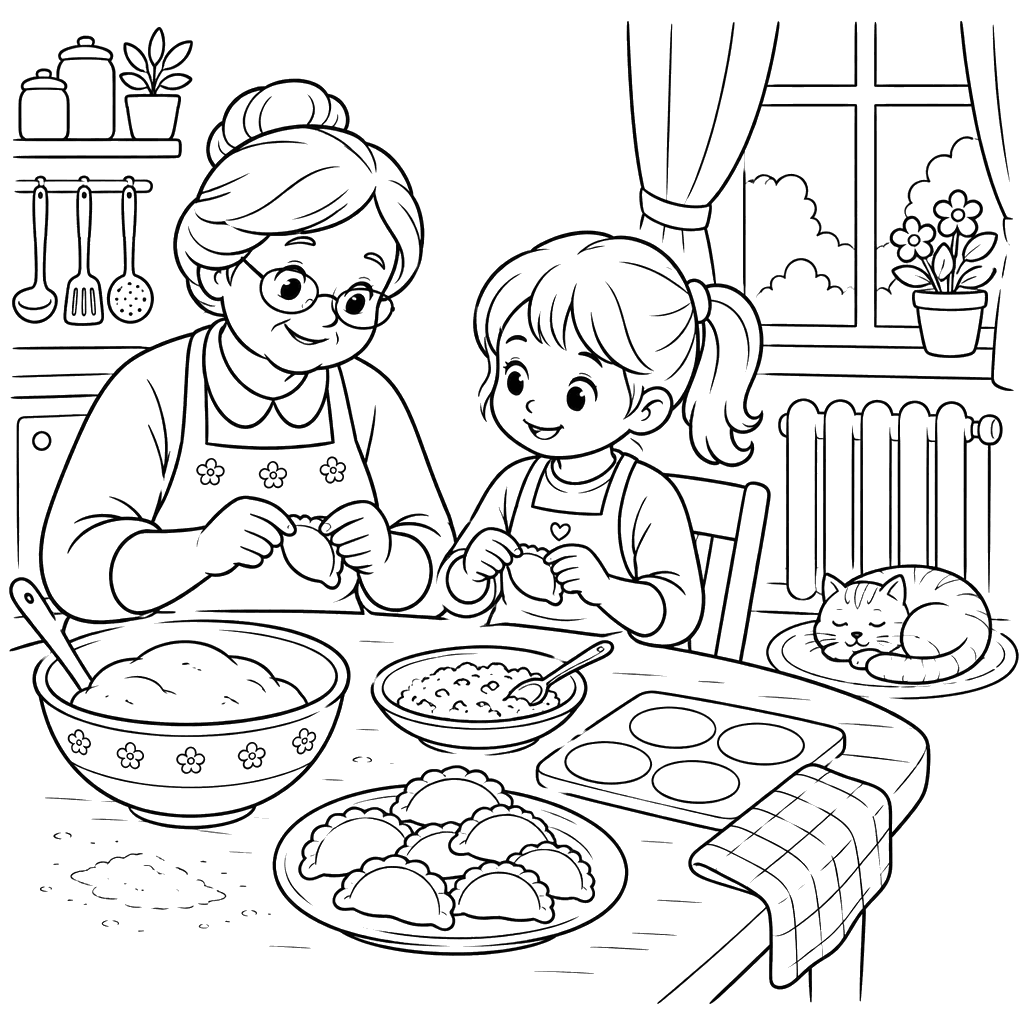 Desenho para colorir de avó e menina fazendo vareniki