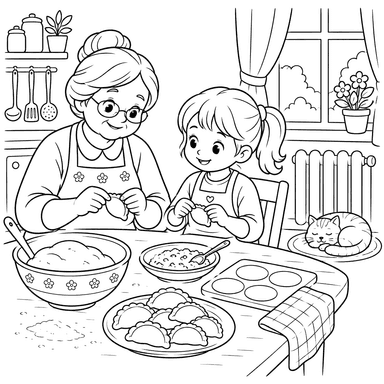 Grandma and Girl Making Vareniki Coloring Page