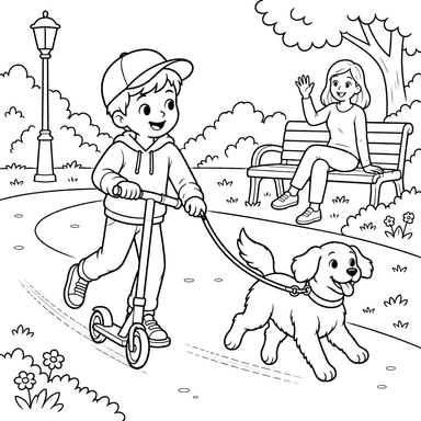 Boy on a Scooter with Dog and Mom in the Park