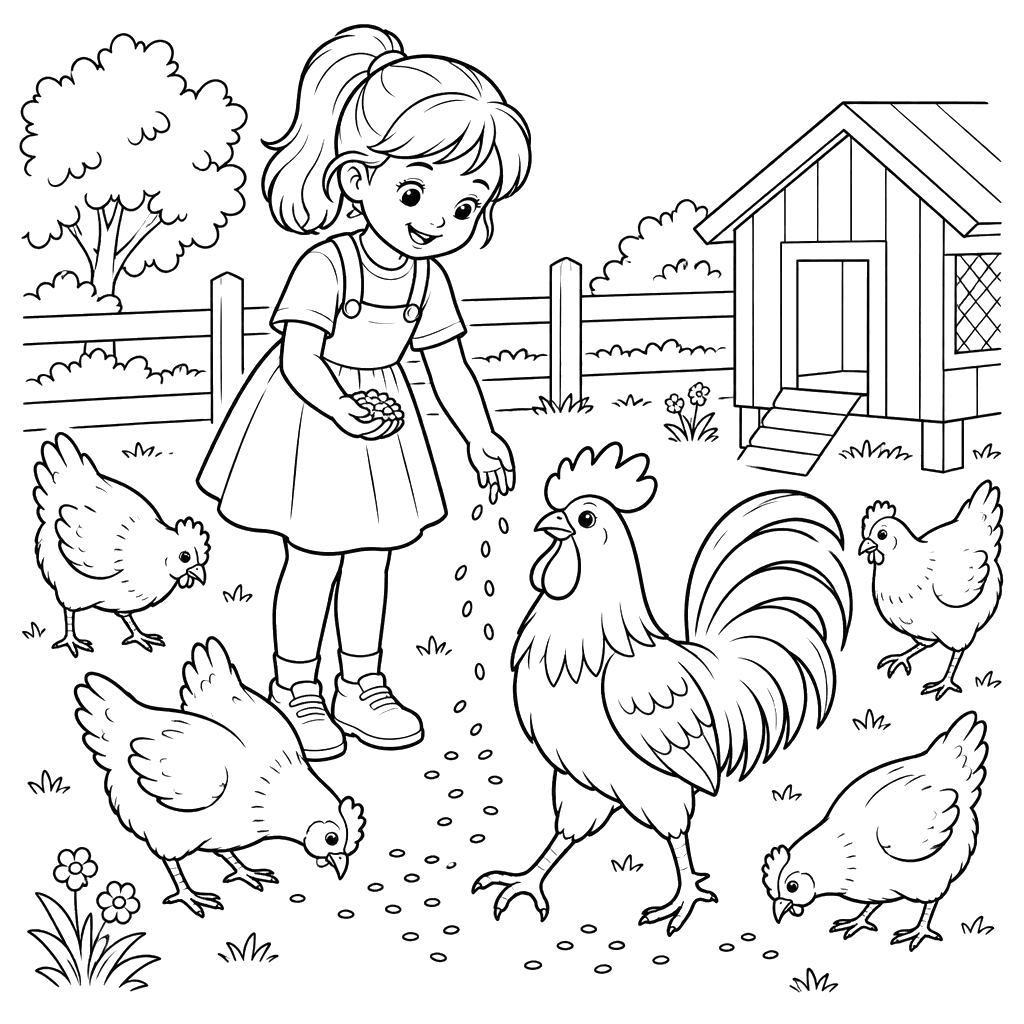 Desenho de menina alimentando galinhas