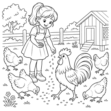 Dibujo de niña alimentando gallinas
