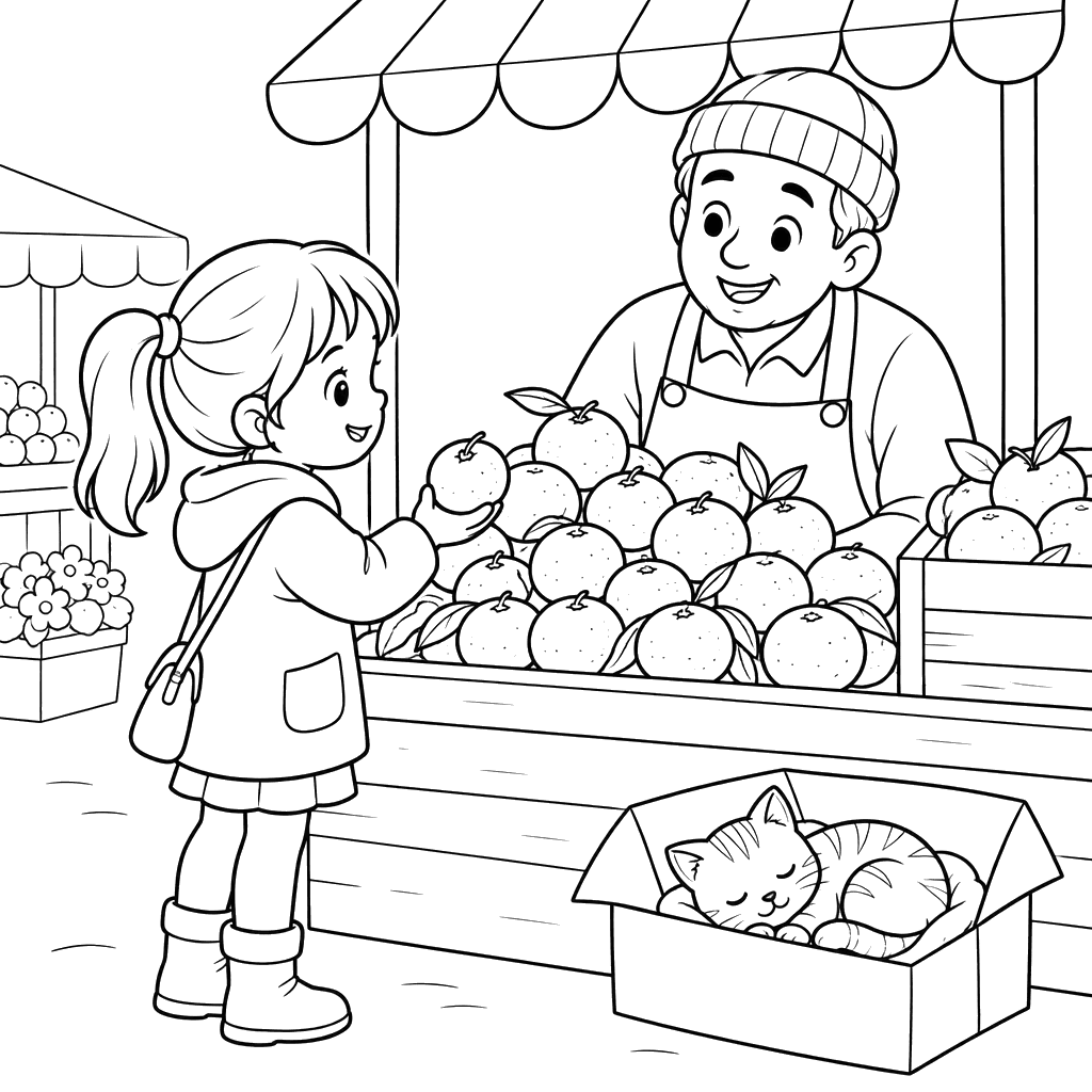 Menina escolhendo tangerinas na feira