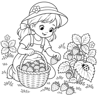 Desenho de menina colhendo morangos para colorir