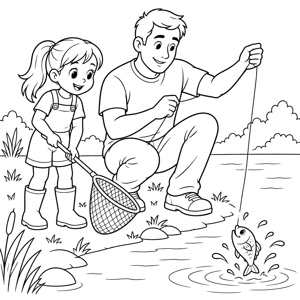 Desenho para colorir: menina e pai pescando