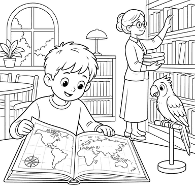 Desenho para colorir de menino com atlas na biblioteca