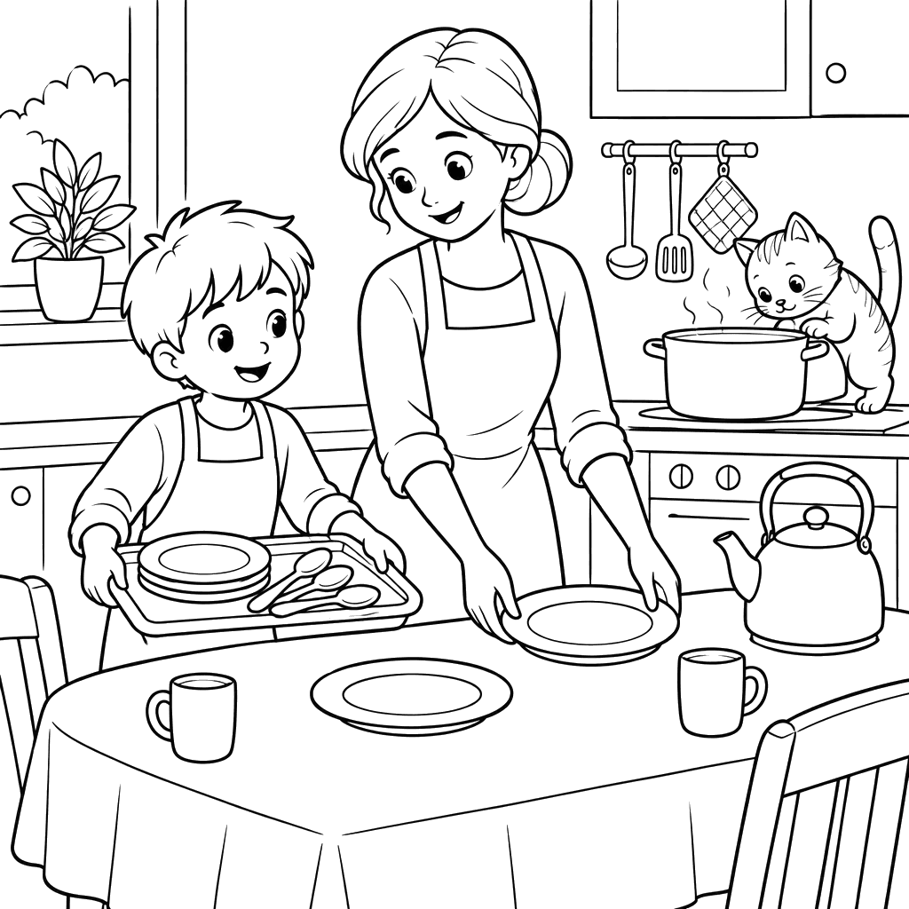 Mãe e filho põem a mesa