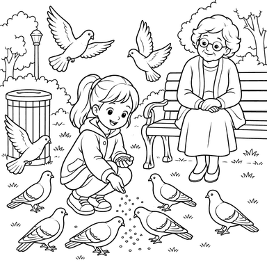 Dibujo de niña alimentando palomas en el parque