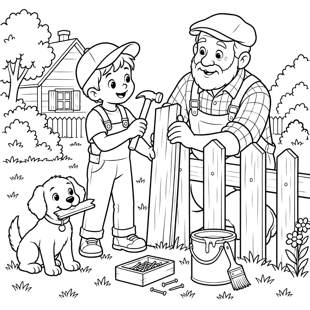 Dibujo para colorear: niño y abuelo reparan una cerca