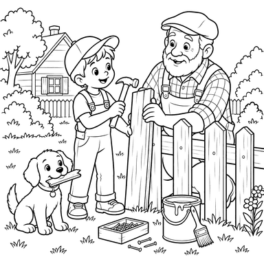 Dibujo para colorear: niño y abuelo reparan una cerca