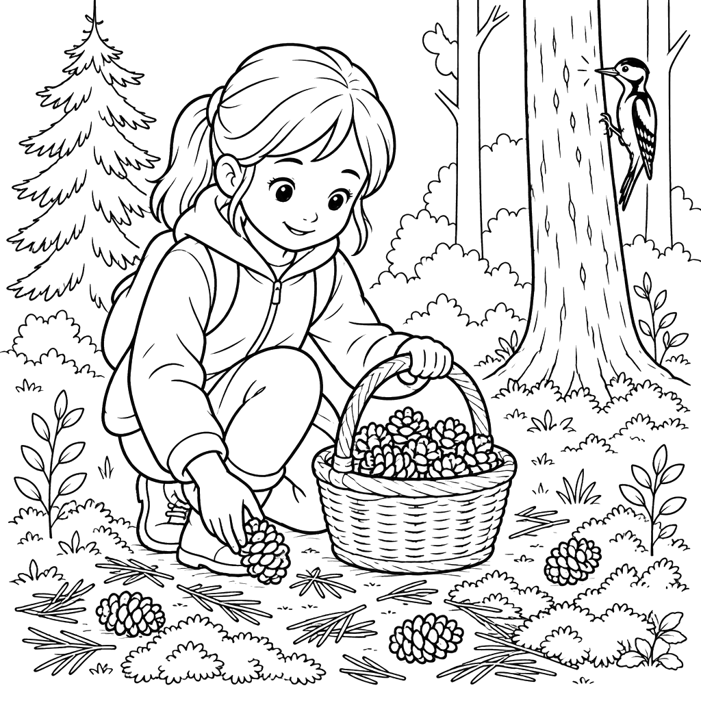 Página para colorir de menina recolhendo pinhas