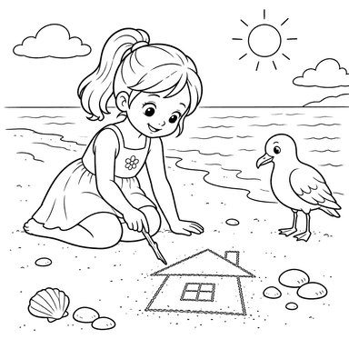 Fille dessinant une maison dans le sable avec une mouette