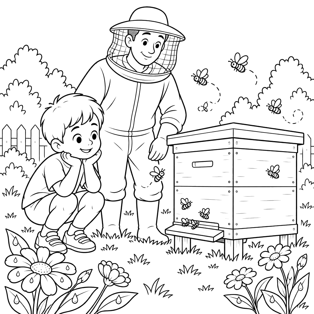 Niño y apicultor junto a la colmena