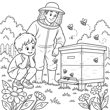 Niño y apicultor junto a la colmena
