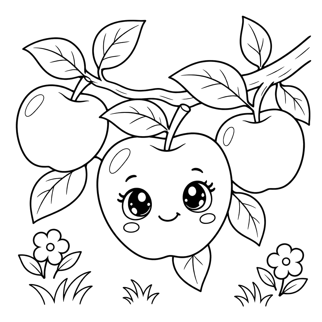 Desenho kawaii de maçãs em um galho