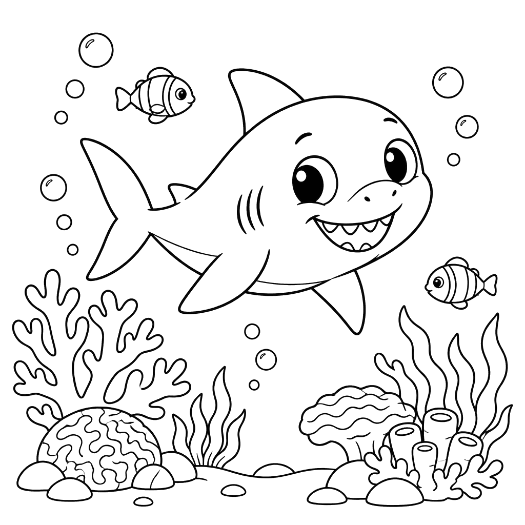 Bébé requin au récif corallien – coloriage