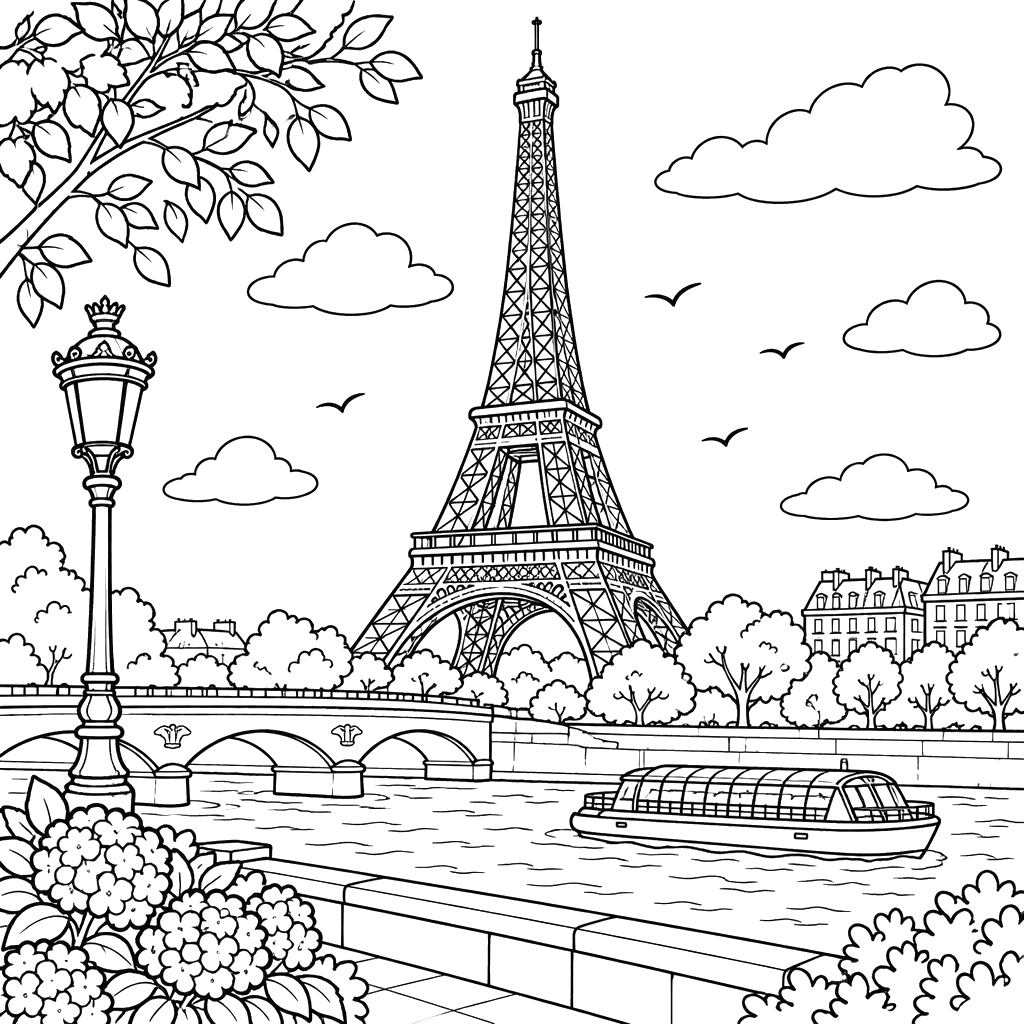 Dibujo de la Torre Eiffel junto al Sena