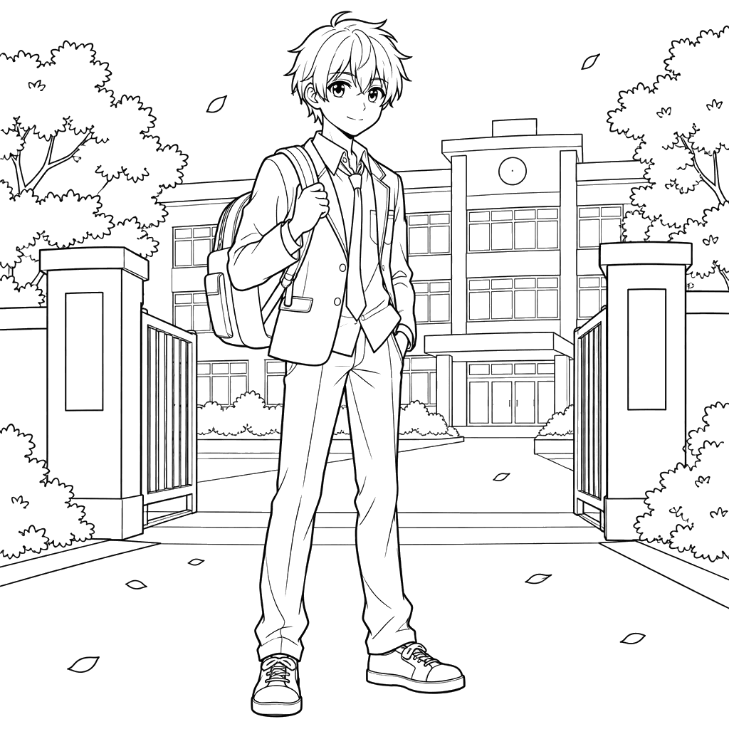 Desenho de menino anime no portão da escola