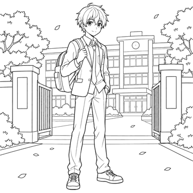 Desenho de menino anime no portão da escola