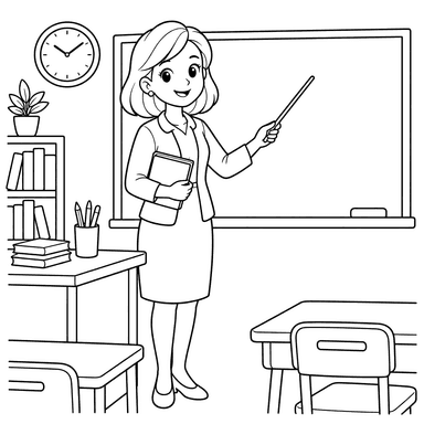 Coloriage d’une enseignante au tableau